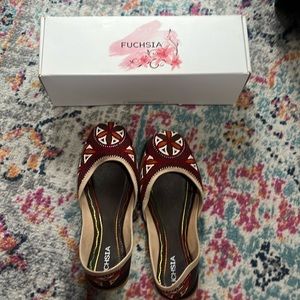 Fuchsia Red Shoes with design in green, orange and white. Size 7